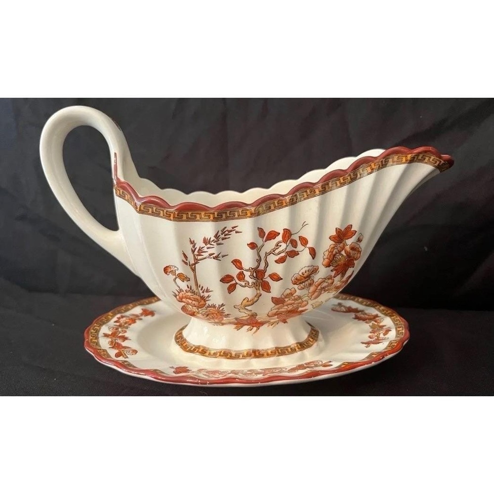 Spode Indian Tree Rust Gravy Boat Attached Underplate Red Transferware